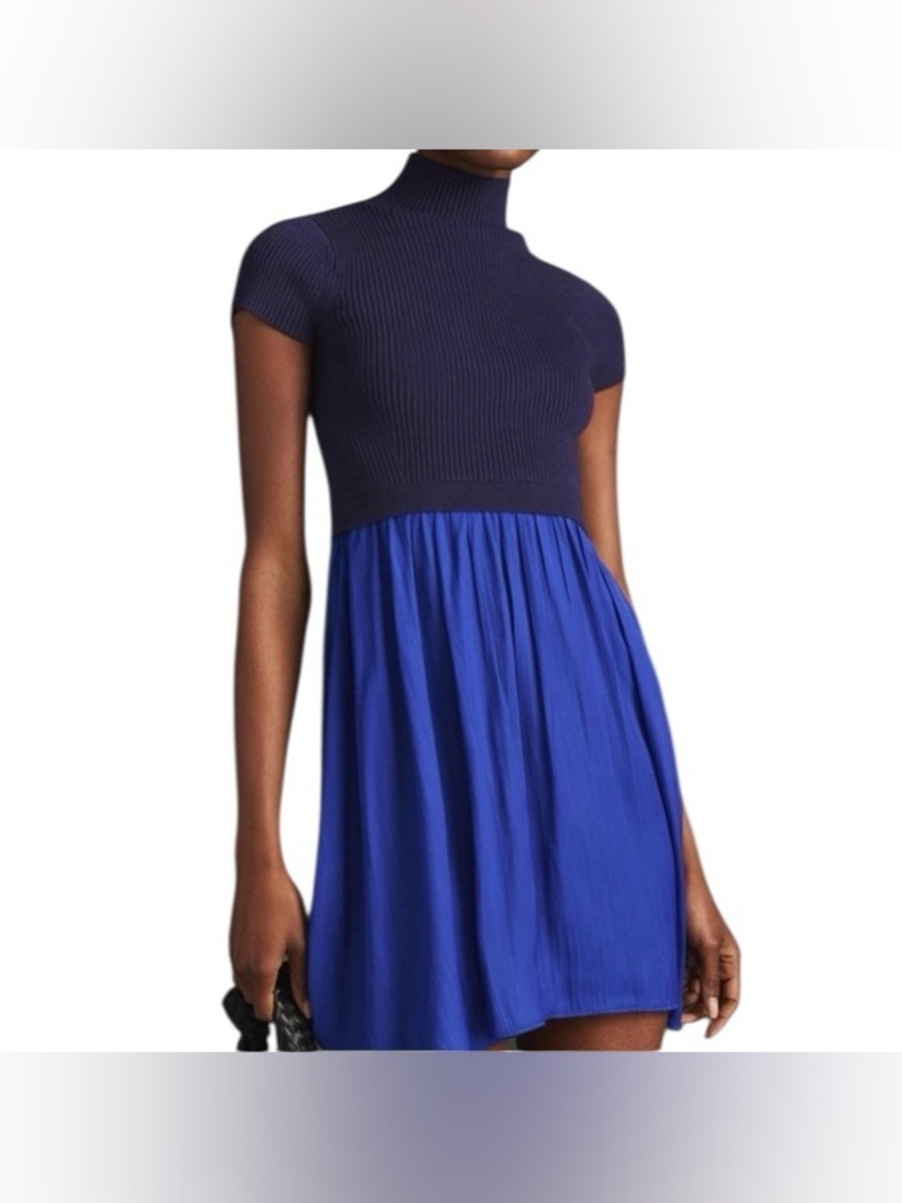By Anthropologie Turtleneck Pleated Midi Dress Size S Navy Cobalt Colorblock